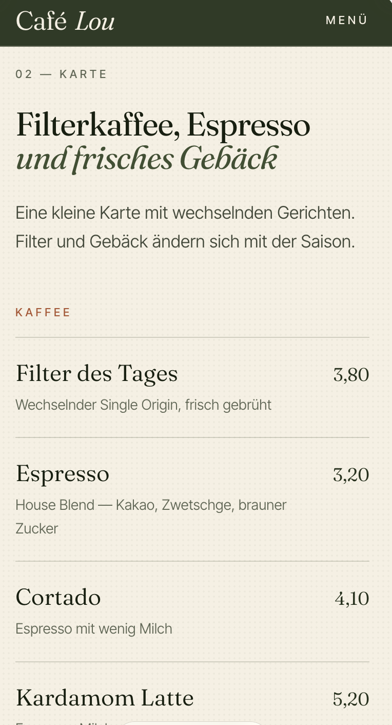 Mobile Kartenansicht von Café Lou mit Filterkaffee, Espresso und Gebäck